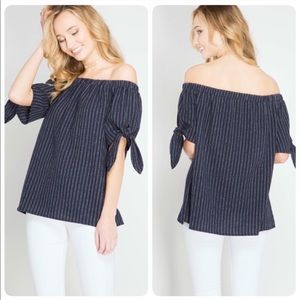 Navy Pinstripe Off-the-Shoulder Top
